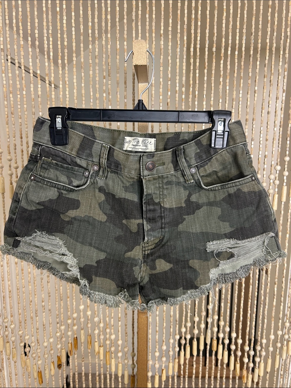 We The Free Olive Camo Distressed Raw Hem Cutoffs Denim Shorts